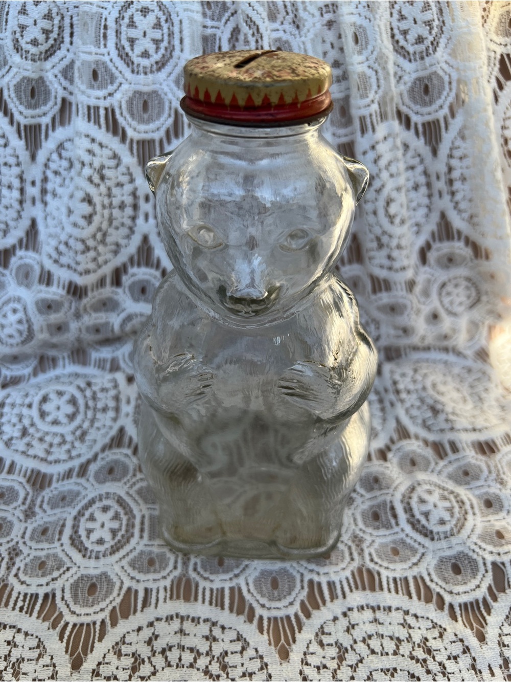 Vintage Glass Bear Coin Bank with Tin Screw Cap